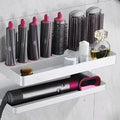 White punch-free double layer bathroom storage rack holding Marcel wavers and hair styling tools
