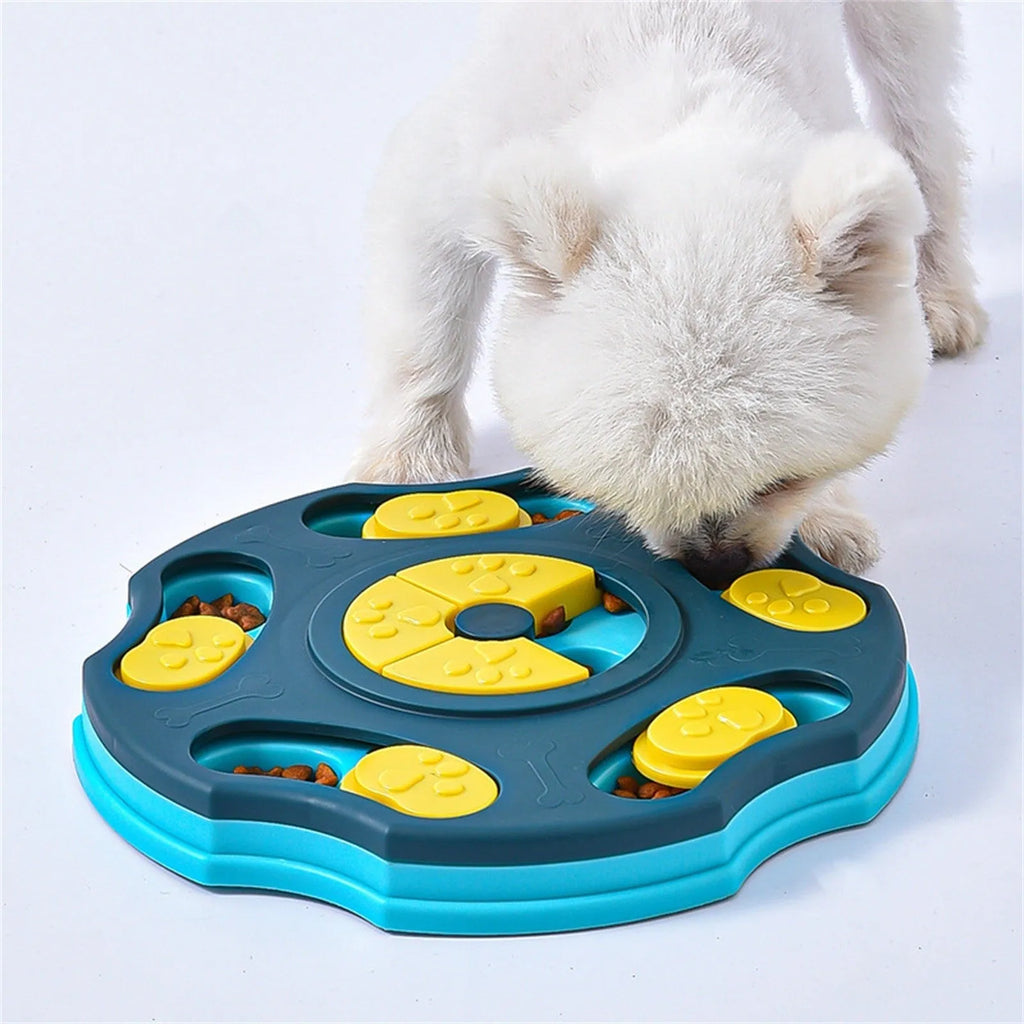 Blue dog puzzle toy bowl with food searching compartments for interactive feeding game