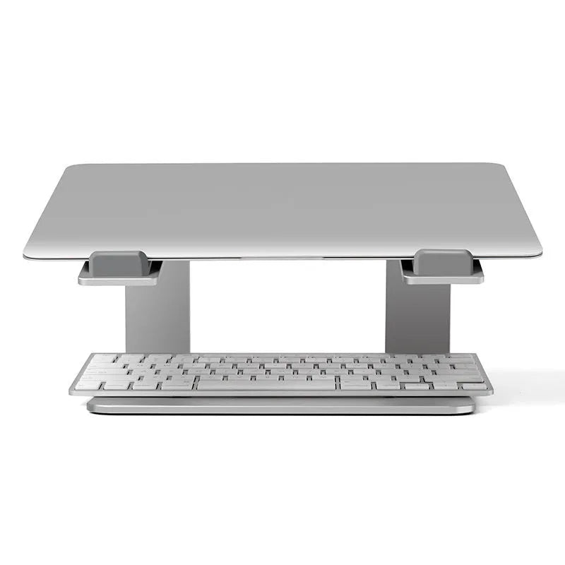Black aluminium alloy laptop stand with open-frame design measuring 29.9cm wide on wooden desk