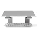 Black aluminium alloy laptop stand with open-frame design measuring 29.9cm wide on wooden desk