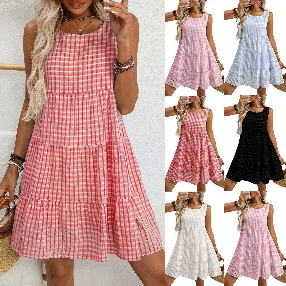 Women's light blue sleeveless plaid dress with a high waist and swing skirt on a hanger.