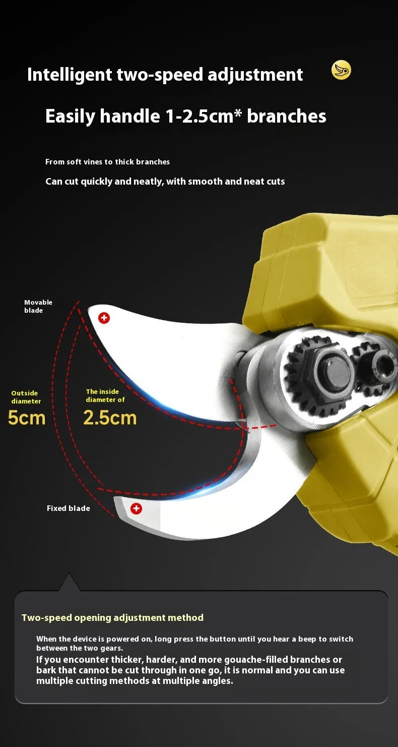 Wireless electric pruning knife with brushless motor, two lithium batteries, and five-section plastic storage case