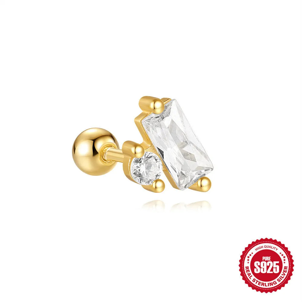 S925 sterling silver red flower stud earrings with square gravel texture in a gold tone.