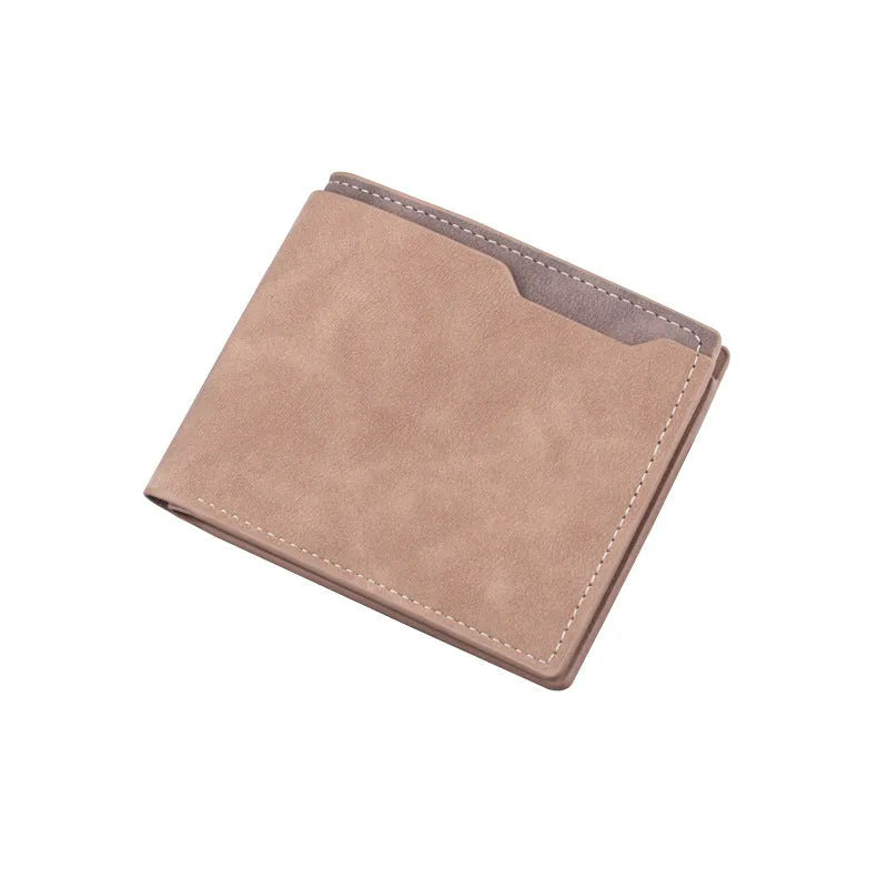 Men's short PU bifold wallet in frosted dark brown contrast colour, 11.5x9.5cm compact size