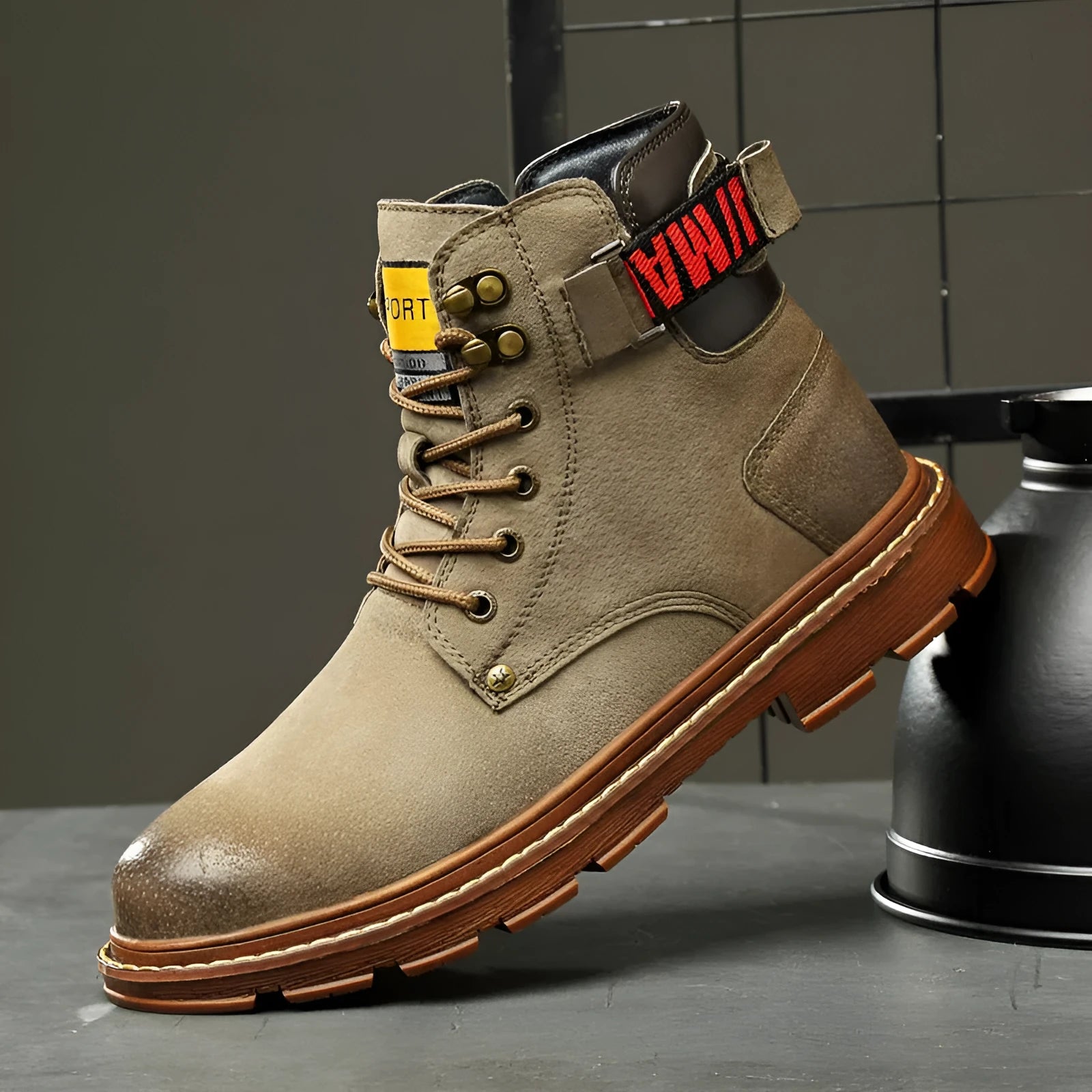 Men's black pigskin leather riding boots with lace-up lacing and a rubber outsole