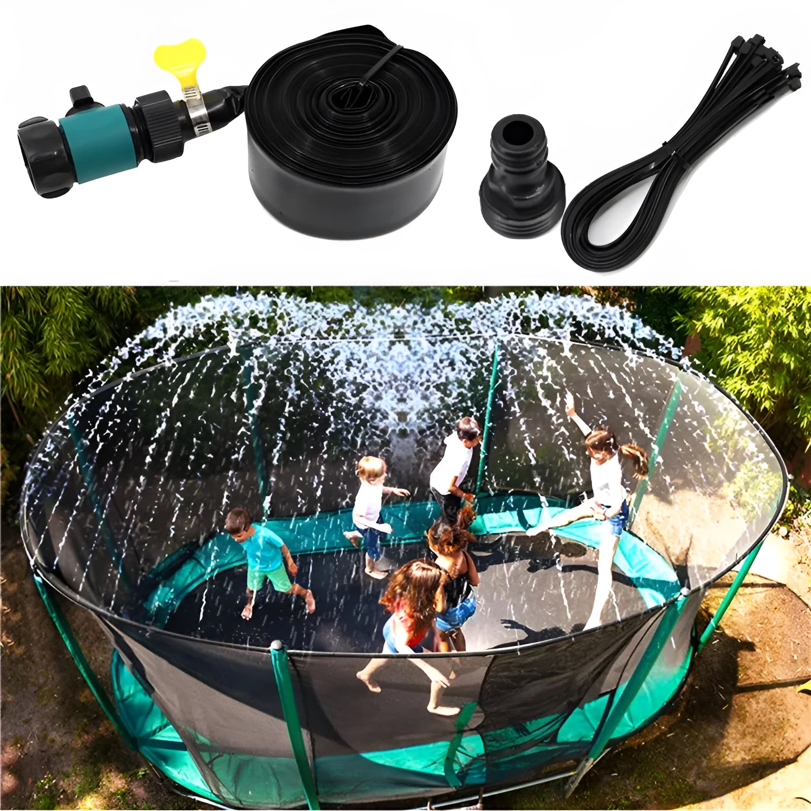 Blue portable PVC garden sprinkler with solar panel on green grass.