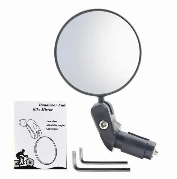 Black ABS convex rearview mirror showing 14cm length and 7cm diameter with rotation adjustment
