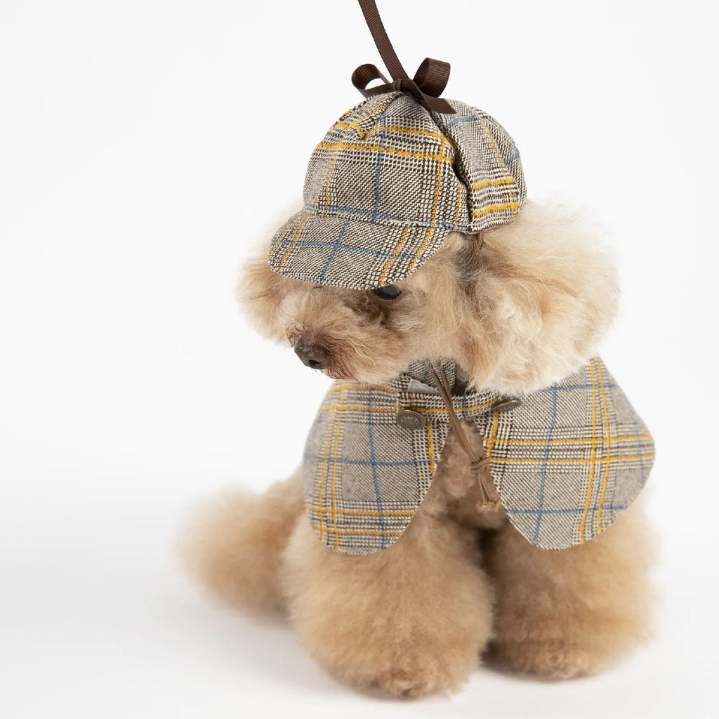 Camel coloured cotton pet cloak with adjustable hat shown in multiple sizes