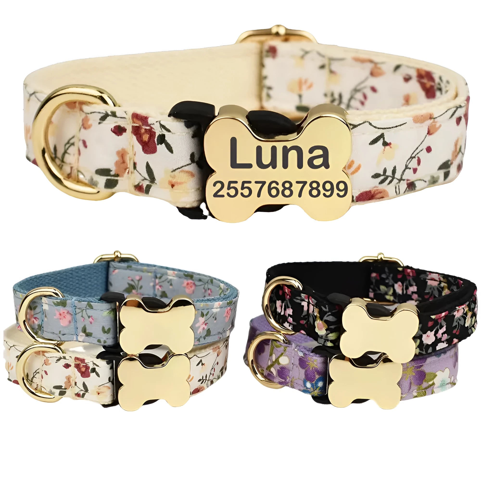 Flat nylon dog collar with printed grid pattern and a bone-shaped metal buckle on a white background.