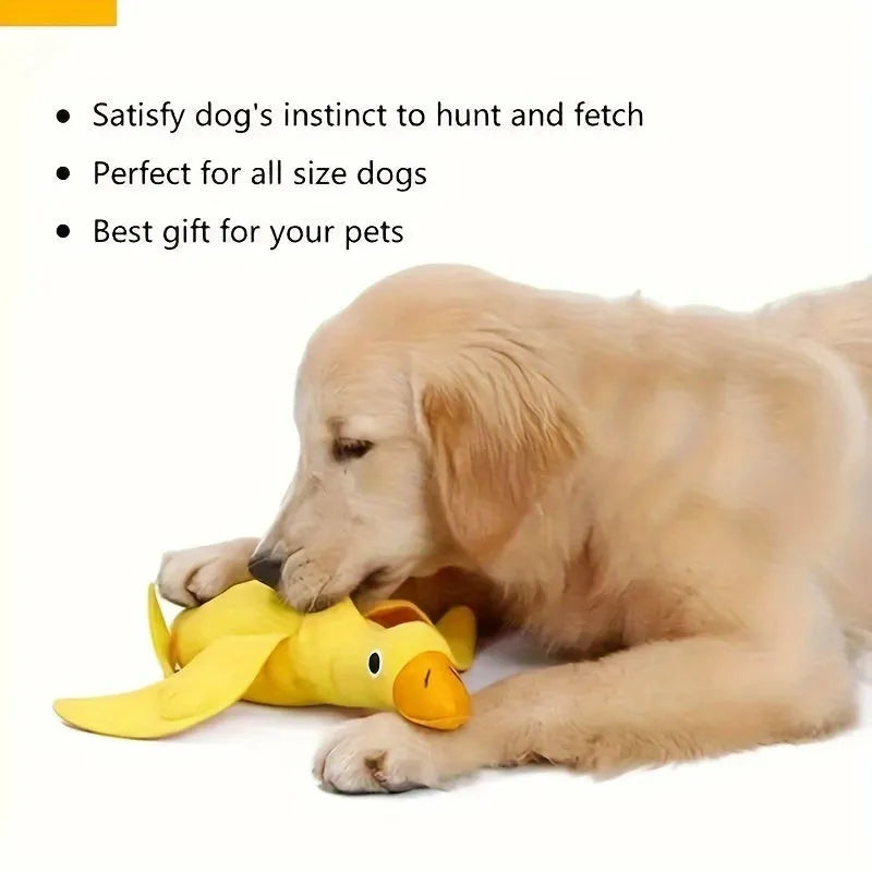 Yellow bone-shaped dog training toy with built-in duck sound chip and treat leakage compartments