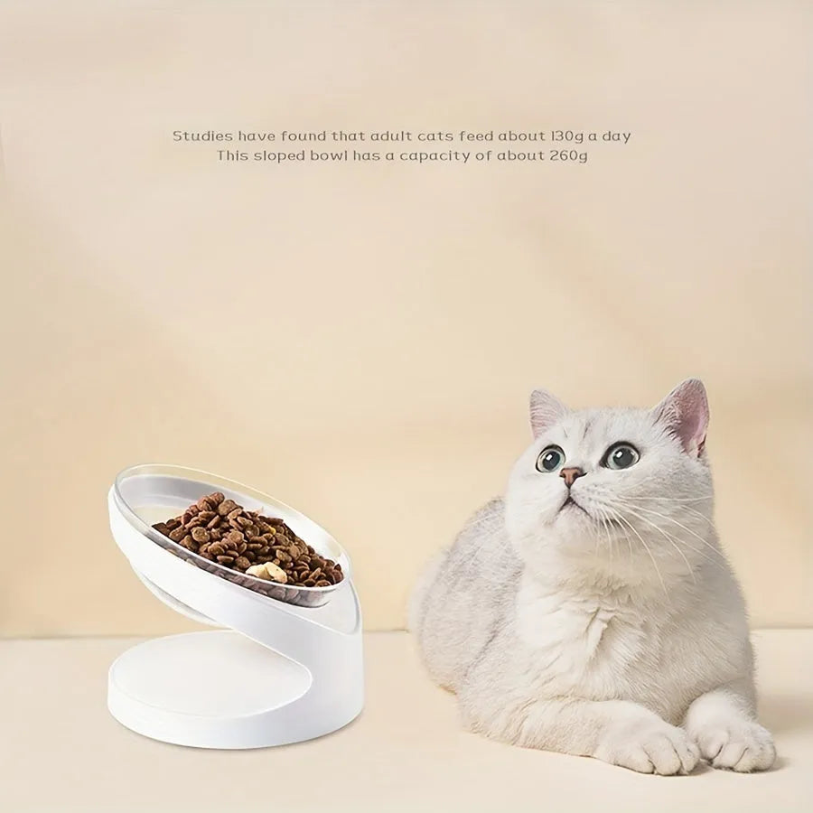 White elevated cat food bowl with anti-vomit tilt design for neck protection