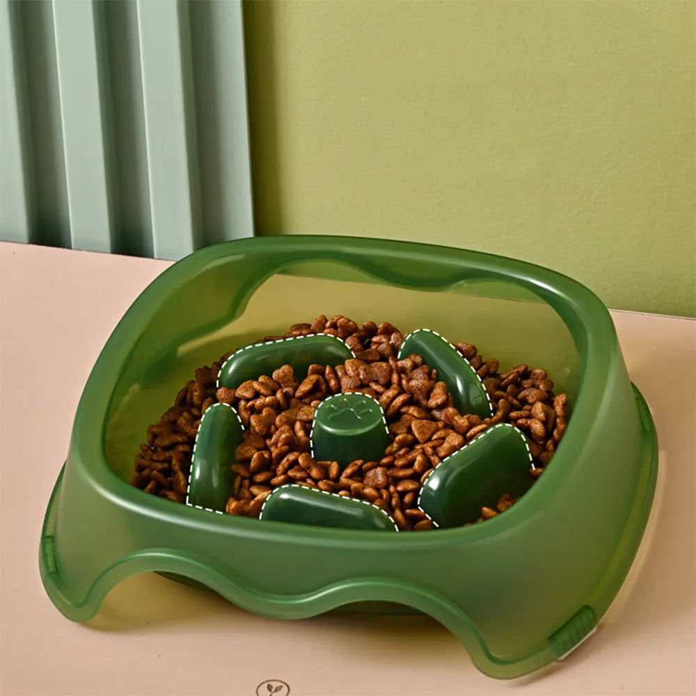 Blue plastic dog slow feeder bowl with raised internal maze pattern for anti-choking feeding