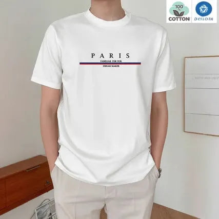 Men's heavy pure cotton short-sleeved loose t-shirt with printed letter design in apricot colour