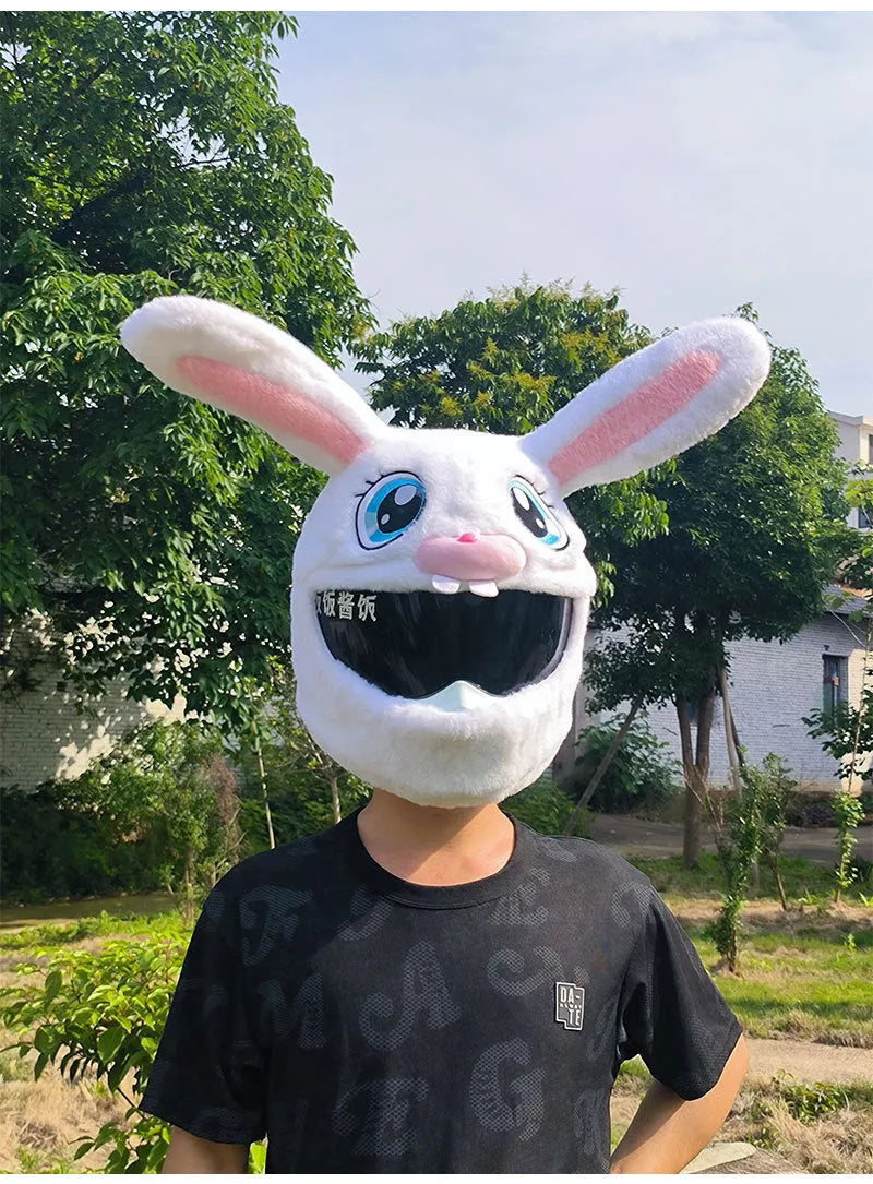 White decorative rabbit head plush cover for an electric motorcycle helmet.