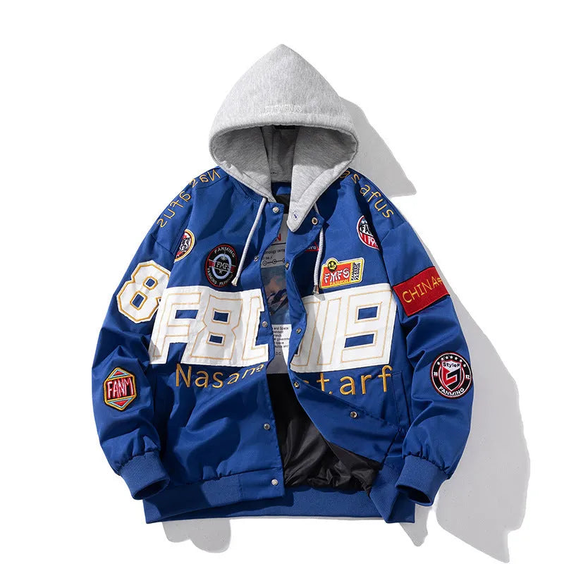 American motorcycle baseball uniform in black, blue, or red with removable hood and side pocket