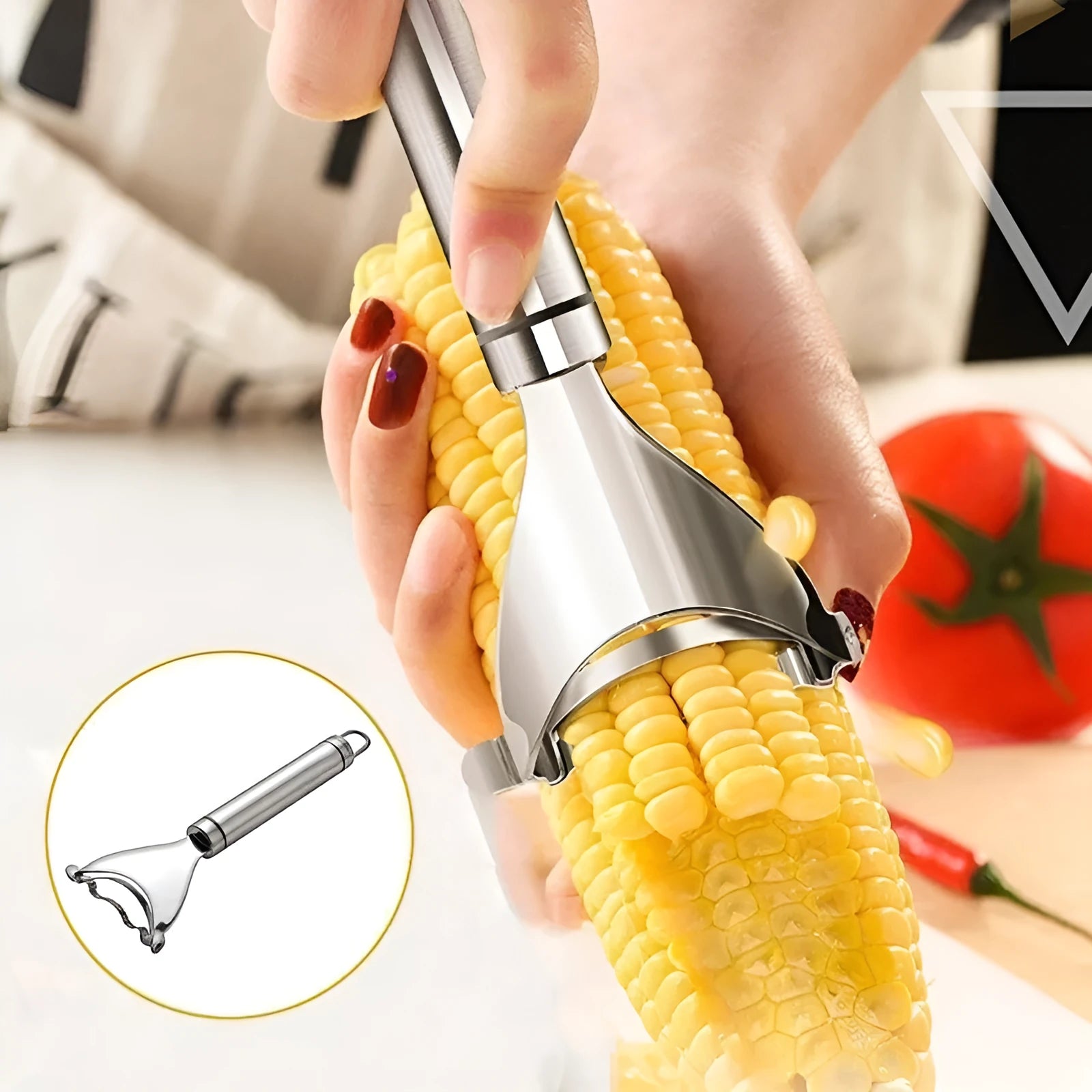Stainless steel corn planer with silver finish on a kitchen surface measuring 18cm long