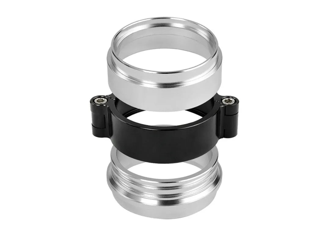 Aluminium fixed movement exhaust clamp for car turbine downspouts in black, blue, or red.