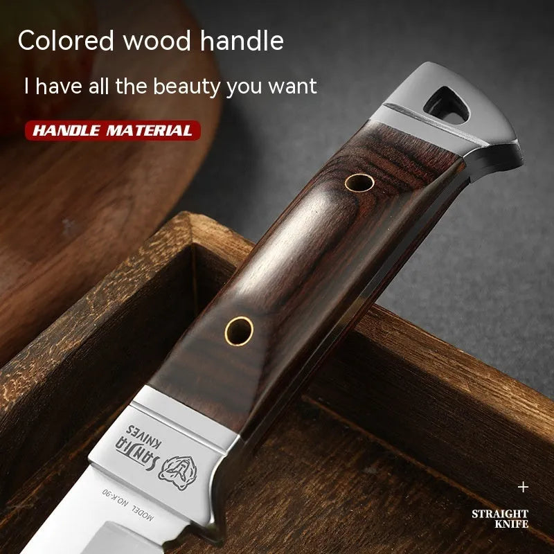 Camping stainless steel fruit knife with leather case showing one-piece keel forming and national style design.