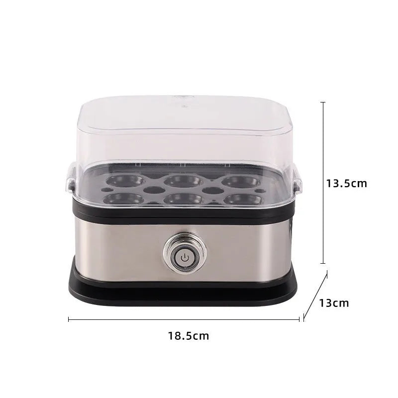 Black portable stainless steel egg boiler with a carrying belt.