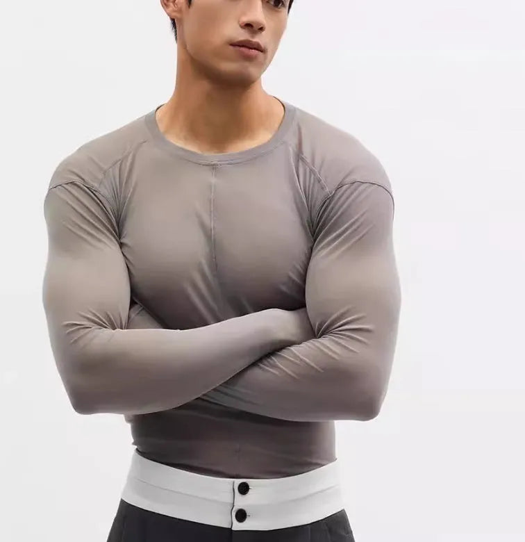 Black mesh see-through slim-fit PU pullover with long sleeves and round collar