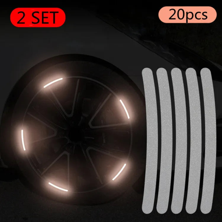 20-piece pack of multicoloured reflective PVC stickers for car and bicycle wheel hubs.