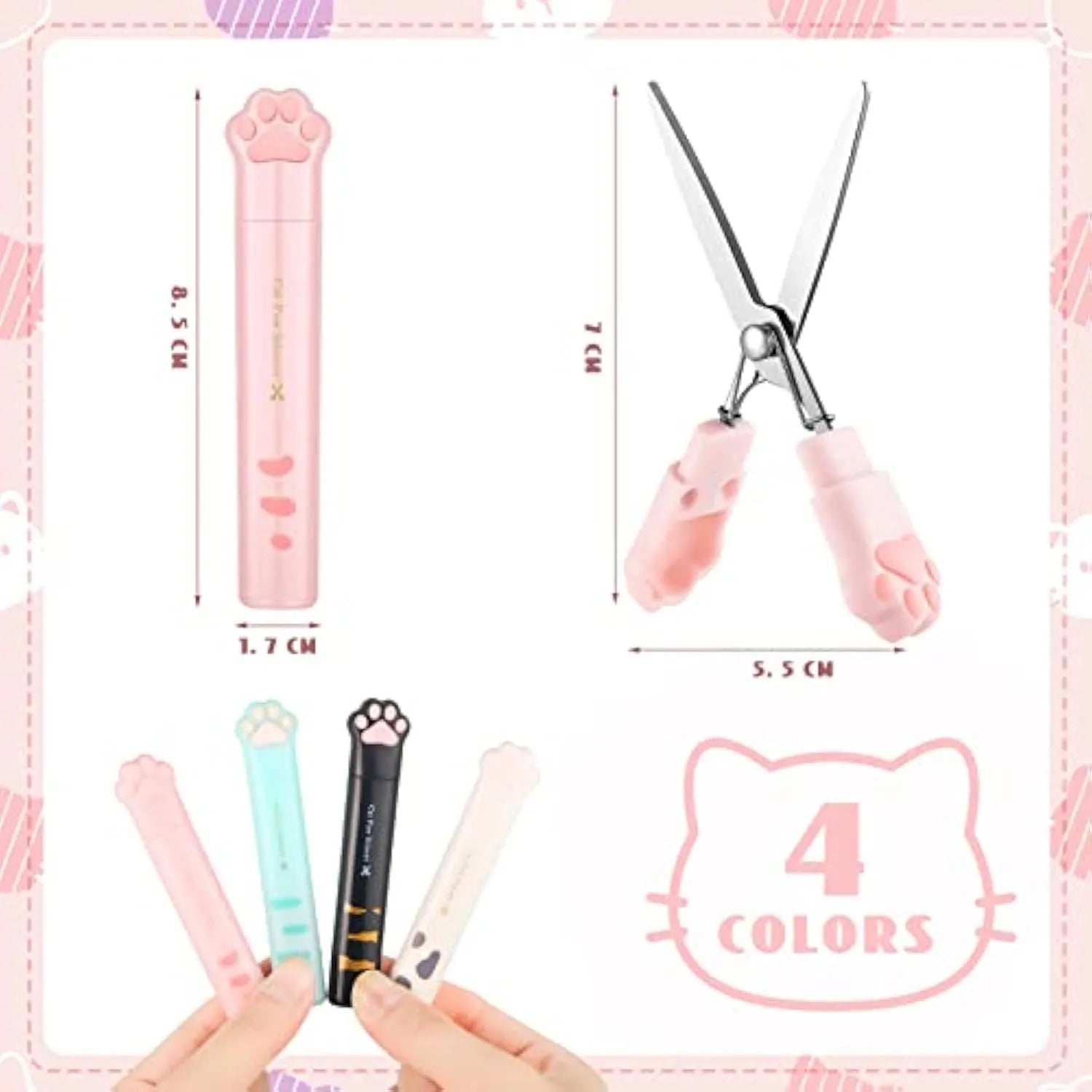 Set of four small folding scissors with cat paw handles in black, blue, pink, and white colours.