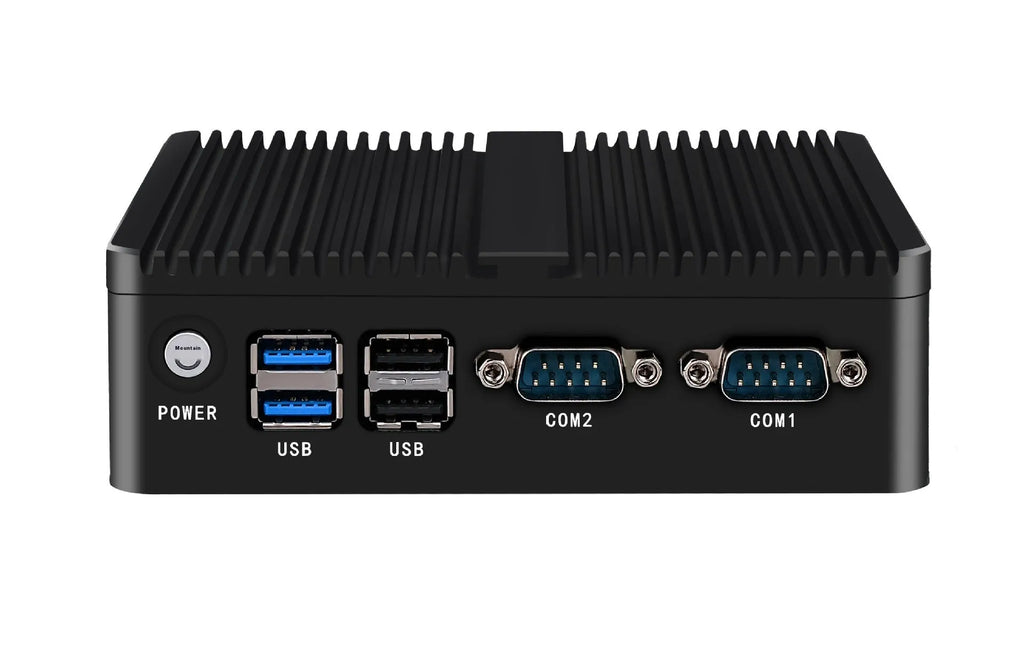 Industrial fanless mini host computer with dual network ports and quad-core processor in compact metal case