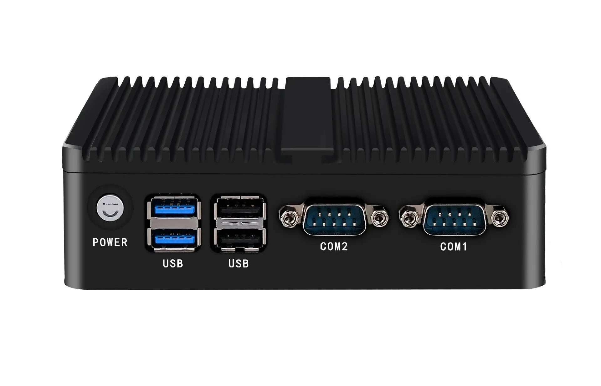 Industrial fanless mini host computer with dual network ports and quad-core processor in compact metal case