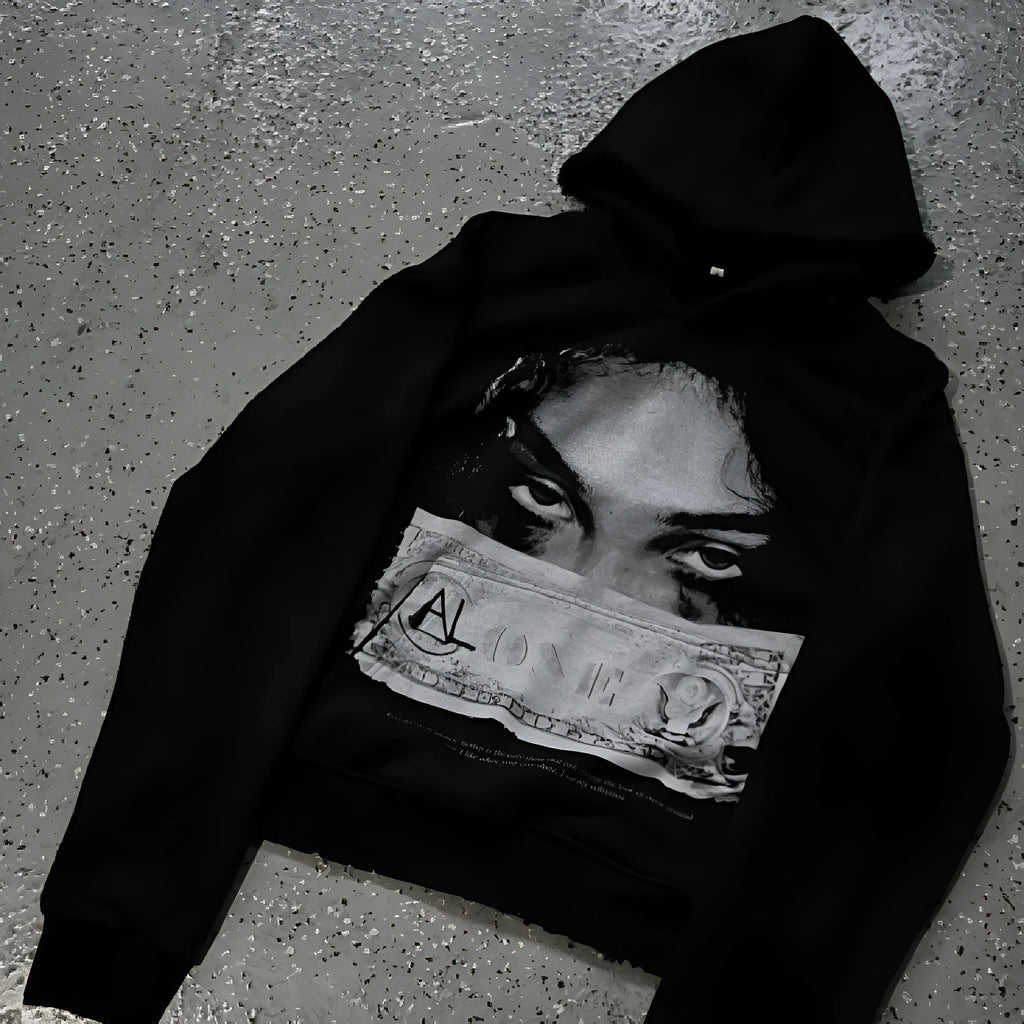Women's dark printed cartoon pattern hooded sweater, loose fit, polyester fabric, black, sizes S to 5XL