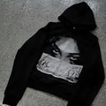 Women's dark printed cartoon pattern hooded sweater, loose fit, polyester fabric, black, sizes S to 5XL