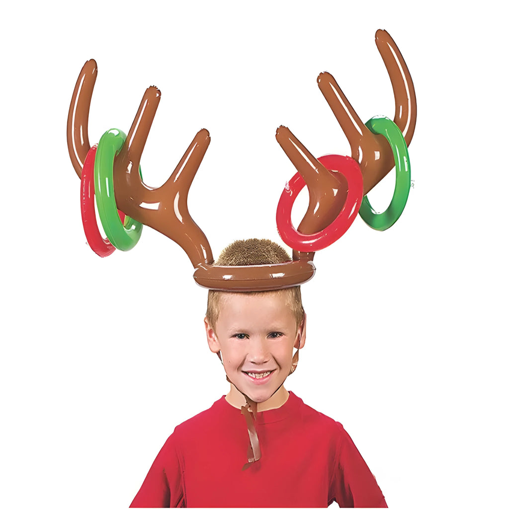Inflatable reindeer antler hat ring toss game set with green and red rings on a blue background