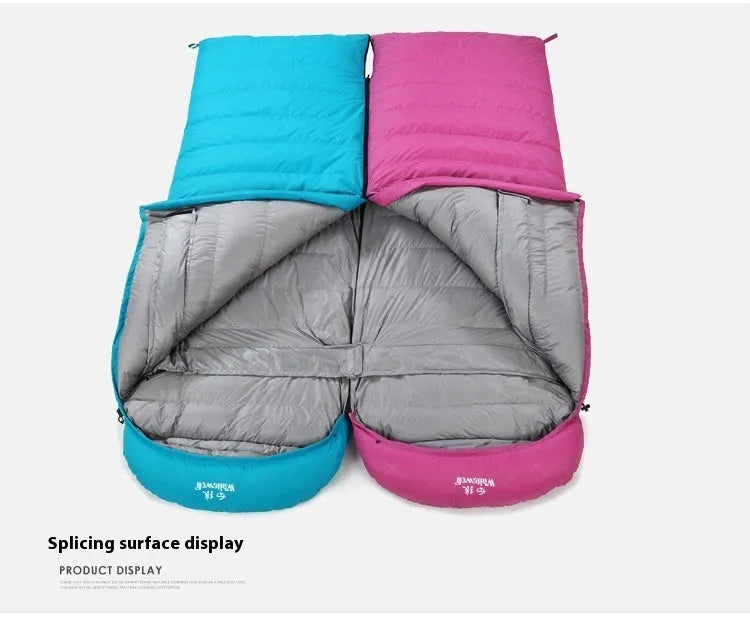 Black outdoor sleeping bag with goose down filler and envelope structure for adult camping use