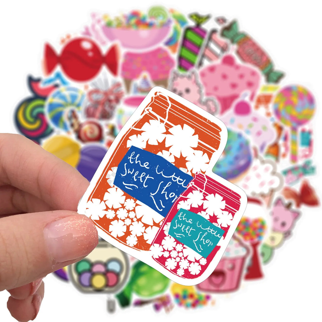 Pack of 50 colourful candy-themed graffiti and cartoon adhesive stickers, each measuring 4-6cm.