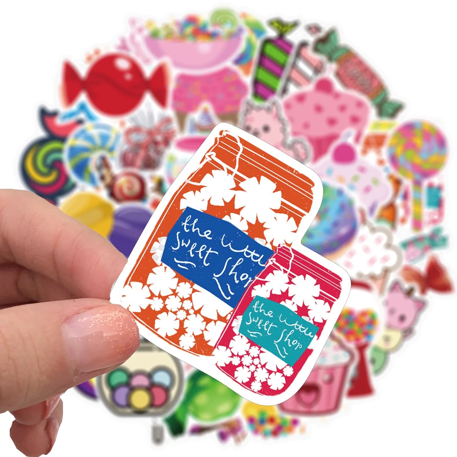 Pack of 50 colourful candy-themed graffiti and cartoon adhesive stickers, each measuring 4-6cm.