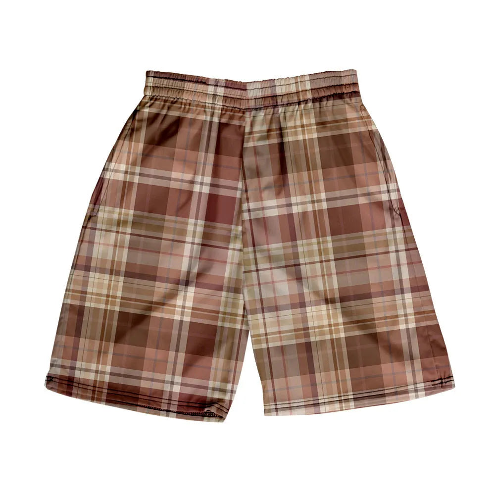 Men's plaid casual shorts with elastic waistband in straight cut design