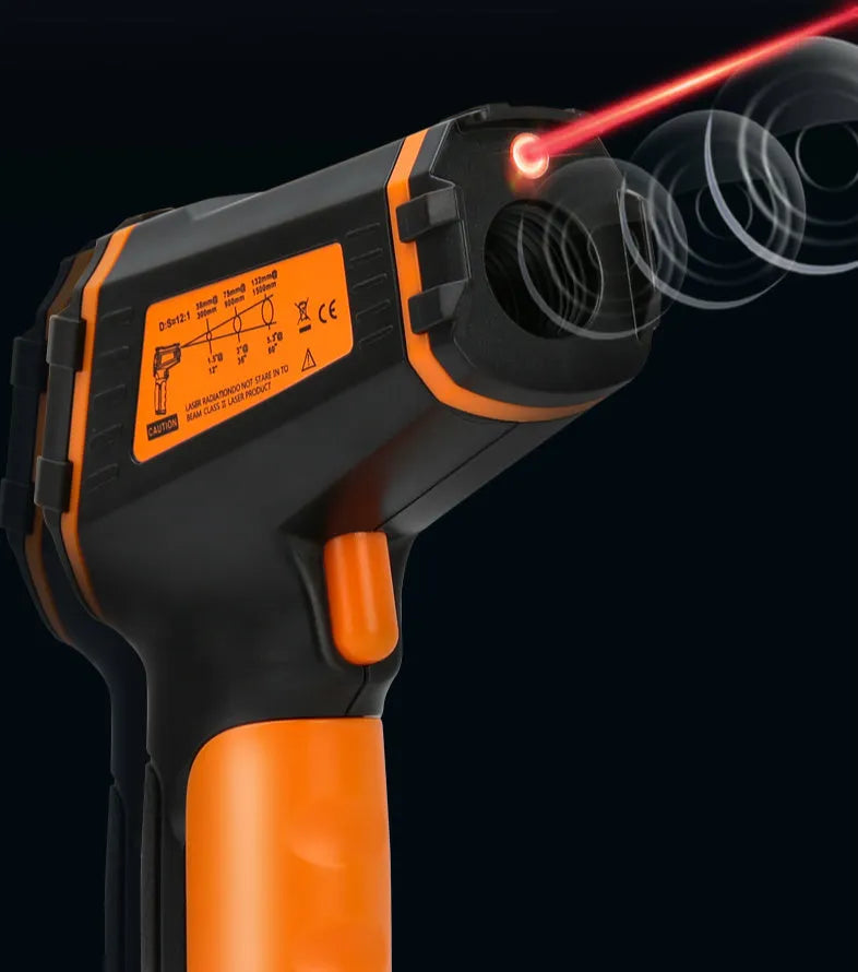 ST390A advanced handheld infrared thermometer with dual laser pointers on display.