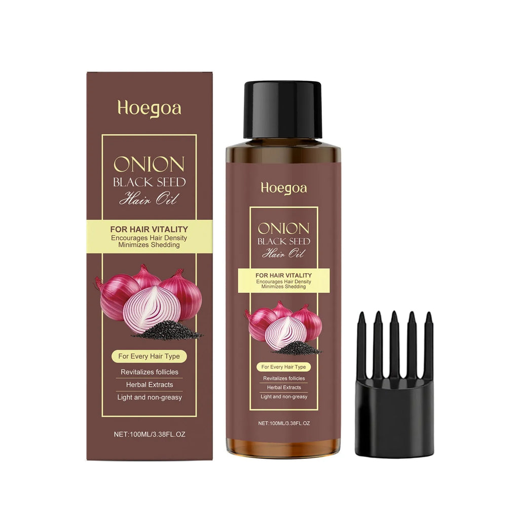 100ml bottle of nourishing hair care essential oil with applicator accessories on a box.