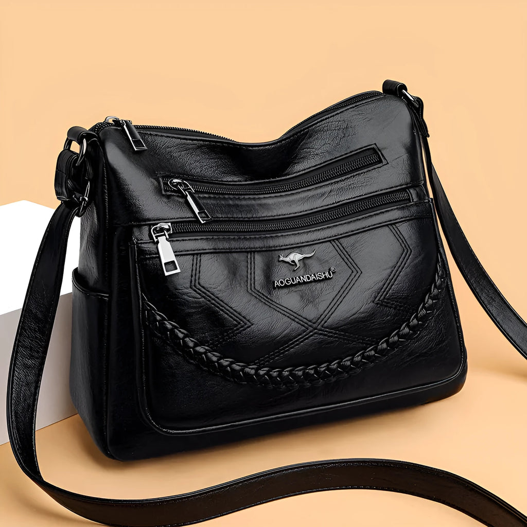 Soft leather women's crossbody shoulder bag in horizontal square shape with large capacity