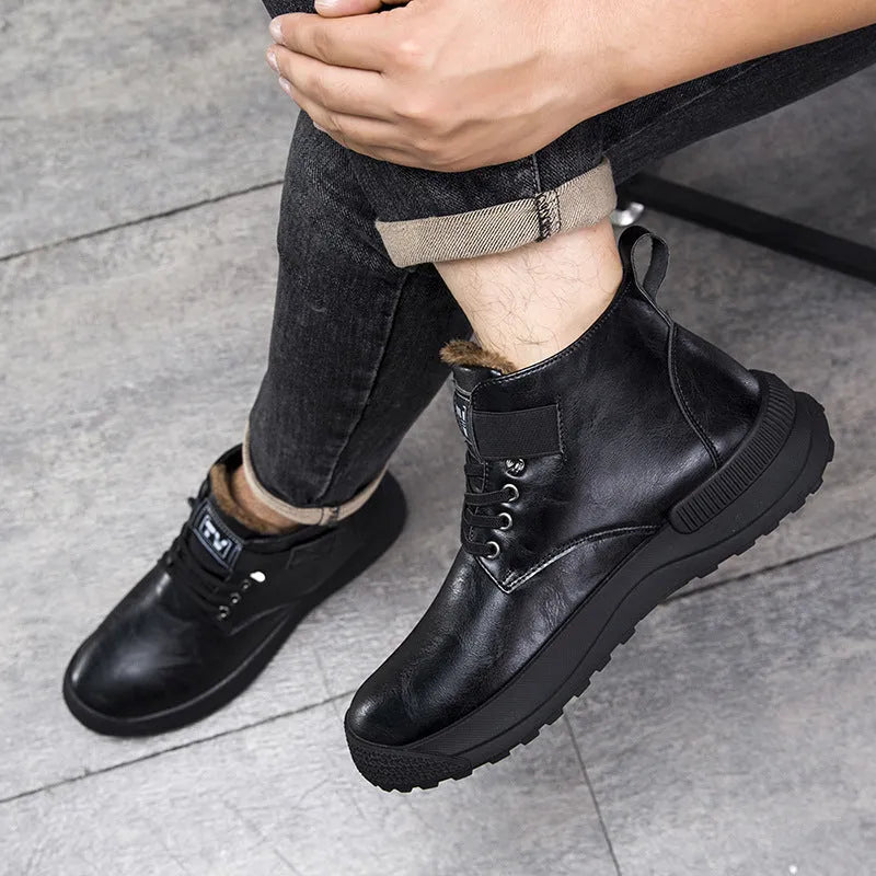 Black Martin high-top platform boots with velvet artificial PU upper and rubber sole