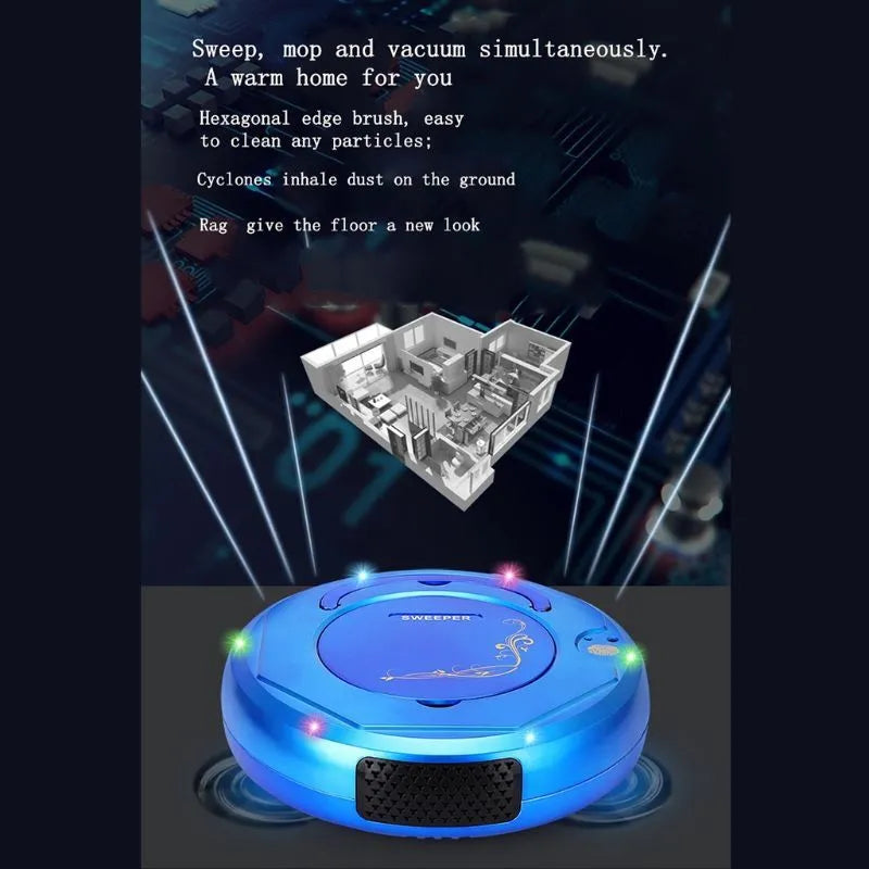 Lazy Smart floor sweeping robot vacuum cleaner in black, blue, or white on hard wood flooring