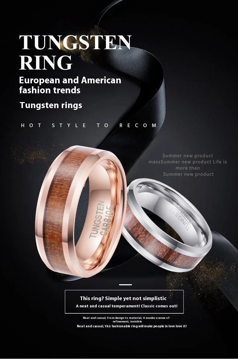 Tungsten ring with Ugyen wood and leather inlay in U-shaped 8mm band