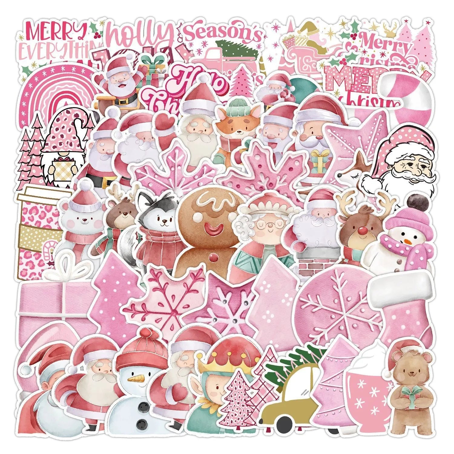 Pack of 50 cute Christmas waterproof stickers in various sizes from 4 to 8 cm.