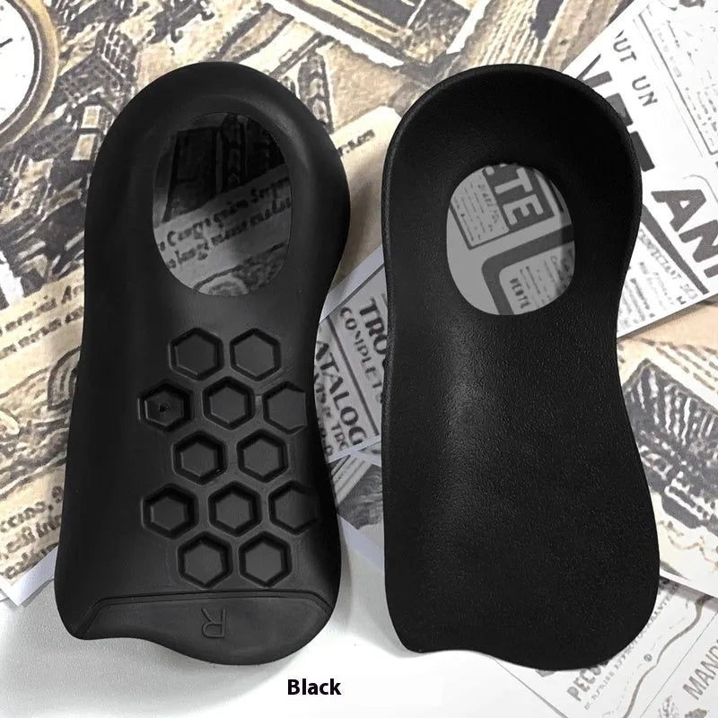 TPR varus correction arch support insoles in white, black and skin colours showing arch design