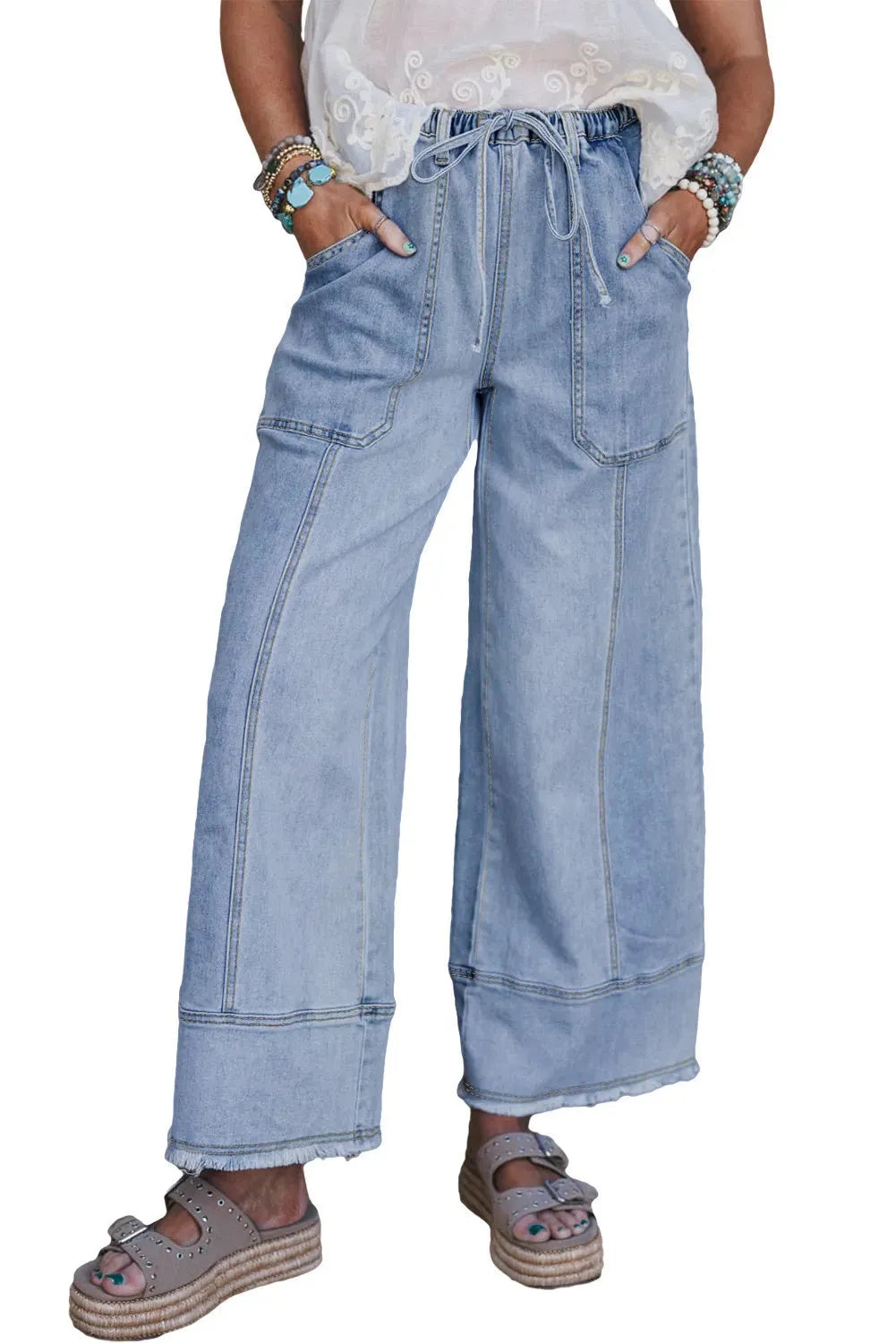 Beau Blue wide leg denim trousers with drawstring waist and raw hem detailing