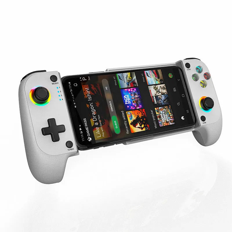 Bluetooth wireless game controller with stretching handles for mobile phones in black, red and blue, or white colour options