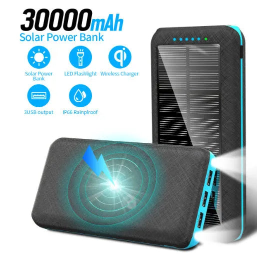 Black portable solar power bank with wireless charging pad and three USB ports on a wooden surface.