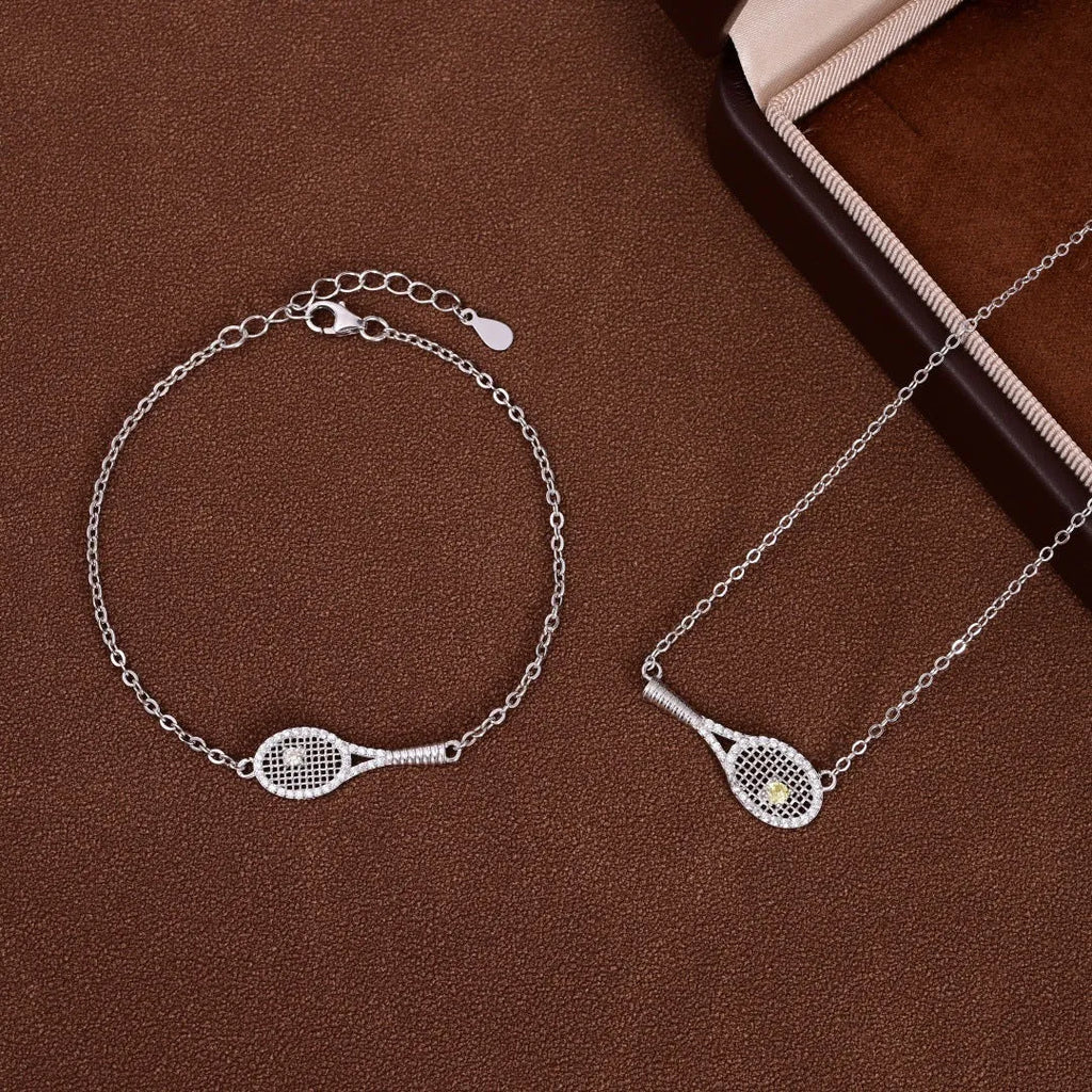 S925 silver grid tennis racket pendant necklace set with yellow diamond accent for women