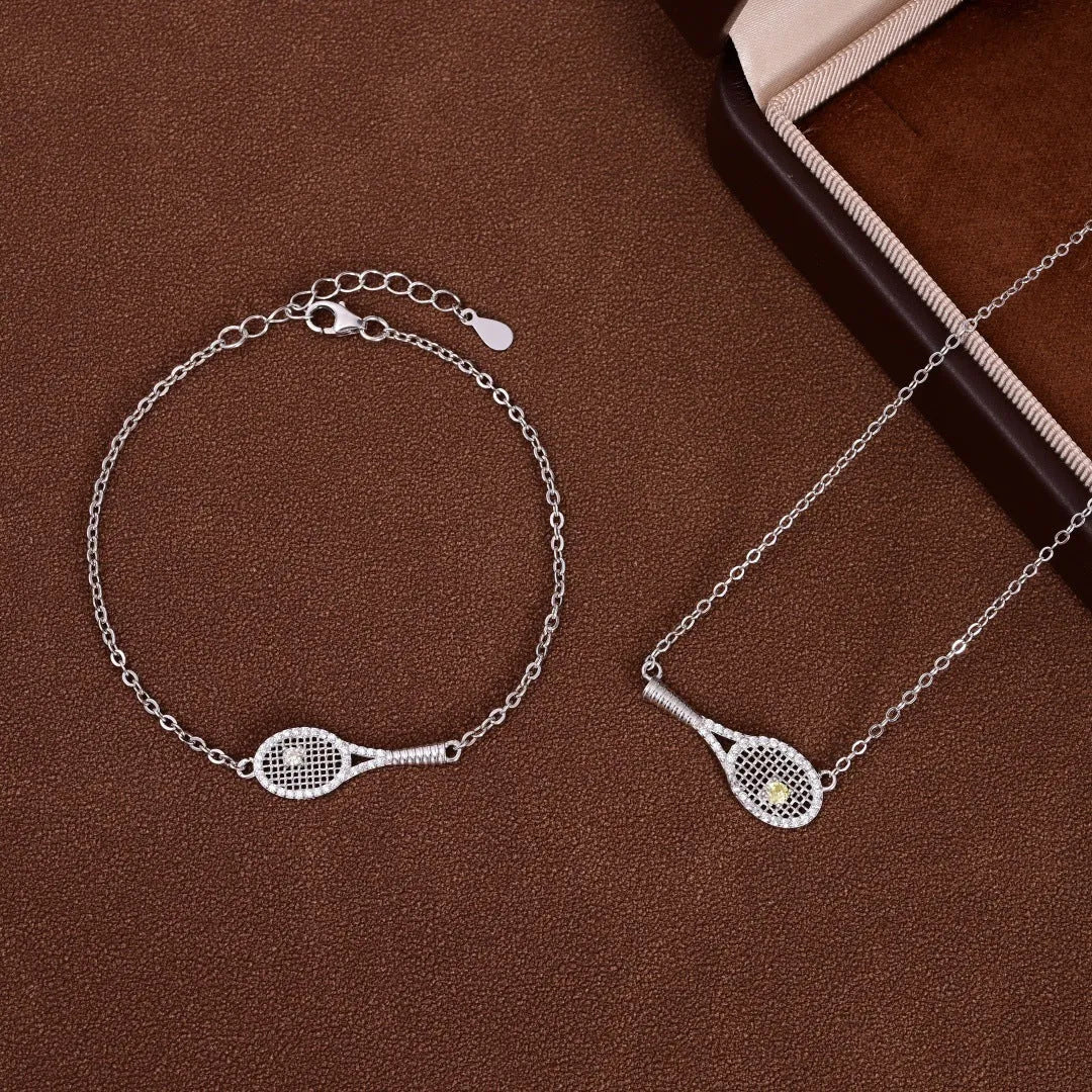 S925 silver grid tennis racket pendant necklace set with yellow diamond accent for women