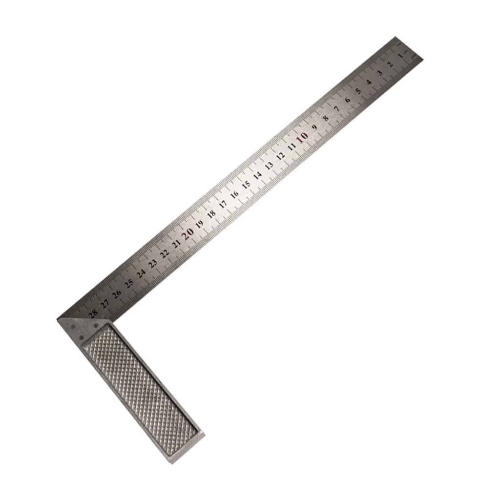 Red metal combination angle ruler with metric measurements and transparent storage bag