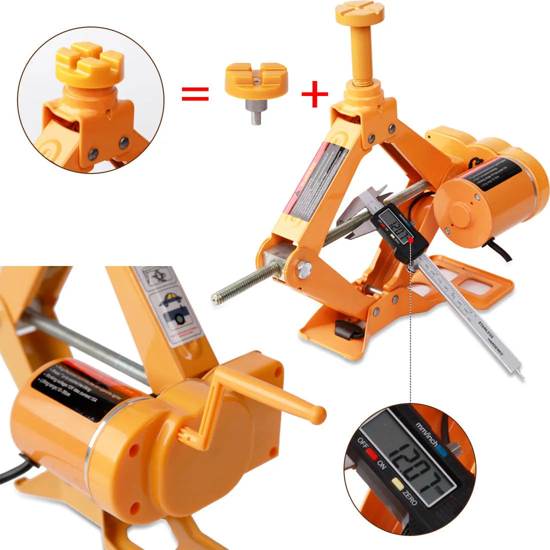 Yellow steel 12V electric car jack and wrench set for powered vehicle lifting and wheel nut removal.